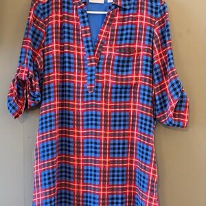 New York & Company Red and Blue Plaid Shirt Dress